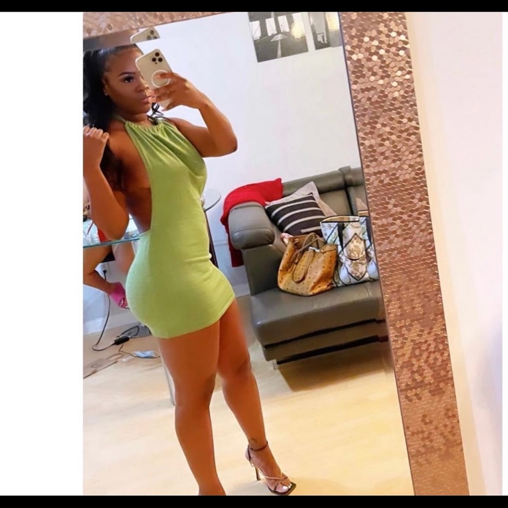 Lime Green Backless Halter Mini Dress